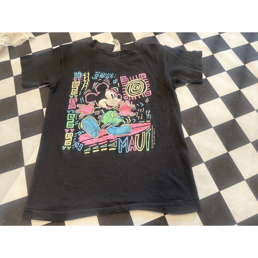 Vintage 80/90's Disney Mickey Mouse Maui Surfing T-Shirt Neon size 5/6 rare
